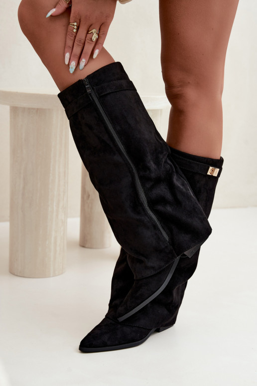 bottes hautes pour femmes avec tige cousue sur un petit talon en simili daim noir Gisellea