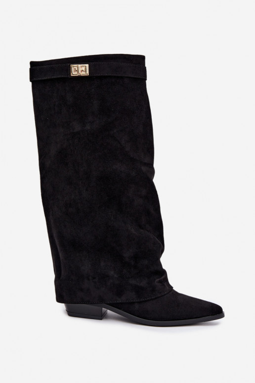 bottes hautes pour femmes avec tige cousue sur un petit talon en simili daim noir Gisellea