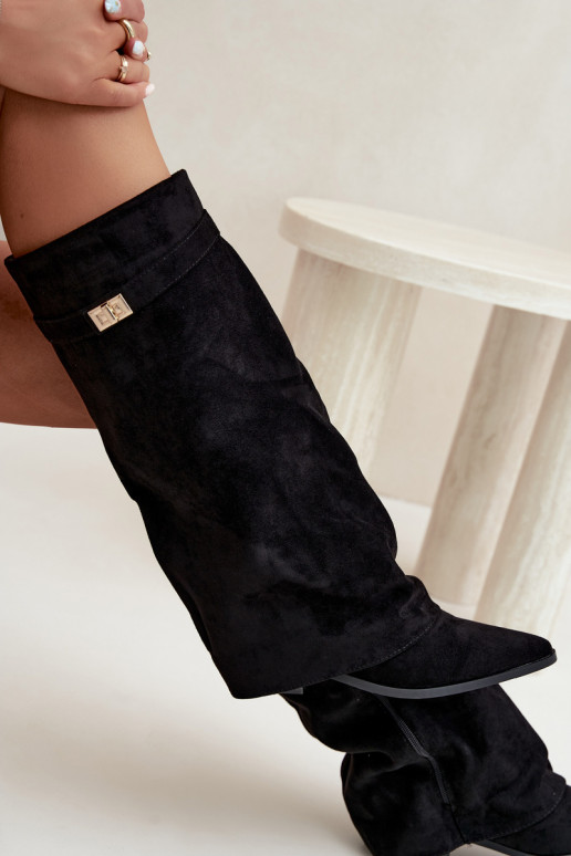 bottes hautes pour femmes avec tige cousue sur un petit talon en simili daim noir Gisellea