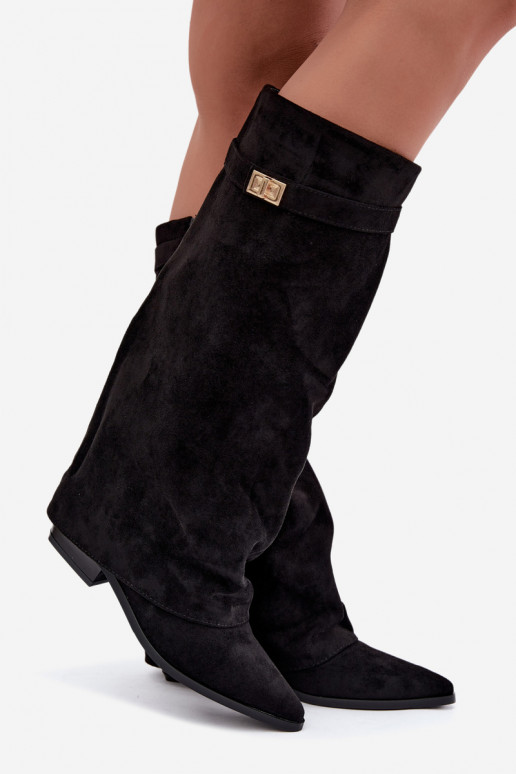bottes hautes pour femmes avec tige cousue sur un petit talon en simili daim noir Gisellea