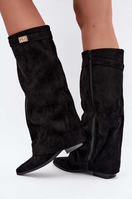 bottes hautes pour femmes avec tige cousue sur un petit talon en simili daim noir Gisellea
