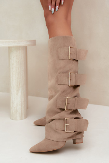 bottes hautes pour femmes avec tige cousue en or avec boucles en simili daim kaki Isa