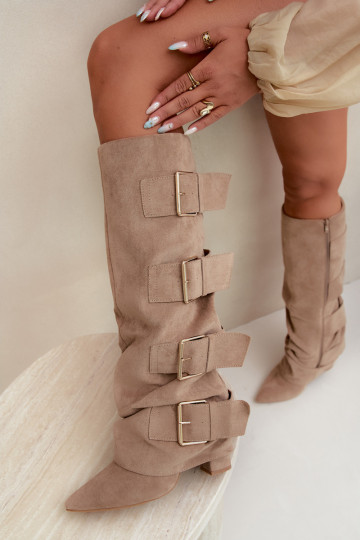 bottes hautes pour femmes avec tige cousue en or avec boucles en simili daim kaki Isa 2
