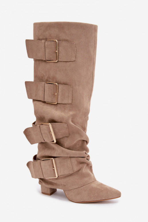 bottes hautes pour femmes avec tige cousue en or avec boucles en simili daim kaki Isa