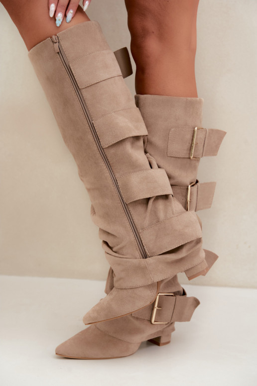 bottes hautes pour femmes avec tige cousue en or avec boucles en simili daim kaki Isa