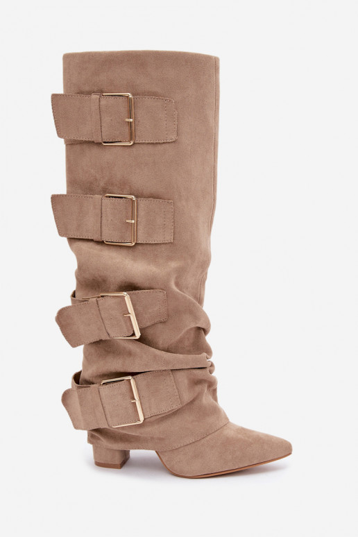 bottes hautes pour femmes avec tige cousue en or avec boucles en simili daim kaki Isa