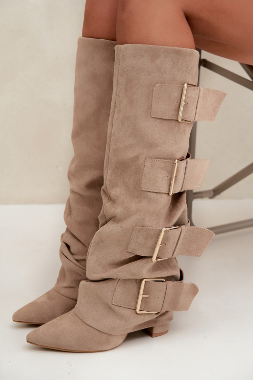 bottes hautes pour femmes avec tige cousue en or avec boucles en simili daim kaki Isa