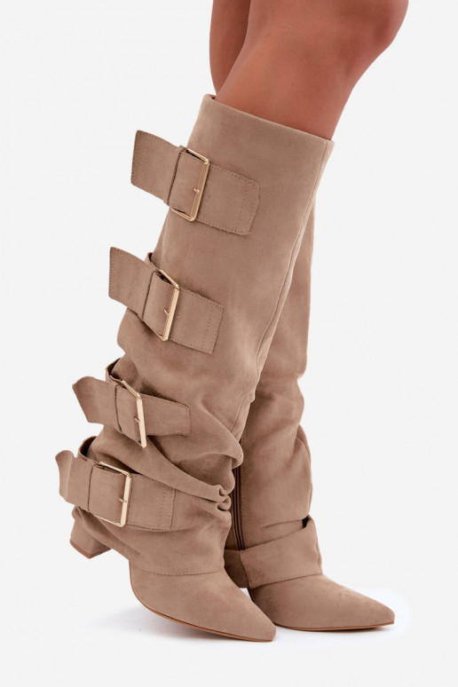 bottes hautes pour femmes avec tige cousue en or avec boucles en simili daim kaki Isa