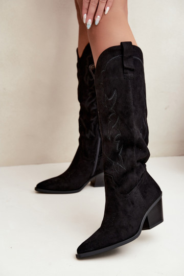 bottes hautes pour femmes de style cowboy avec talons en simili daim noir Merise
