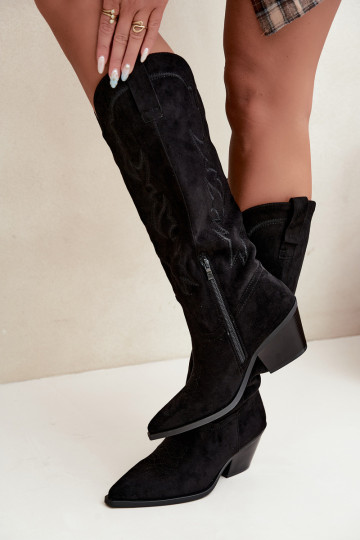 bottes hautes pour femmes de style cowboy avec talons en simili daim noir Merise 2