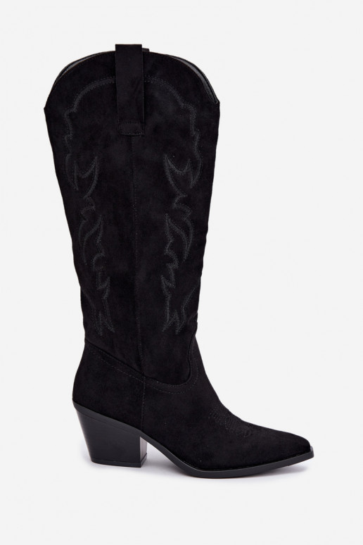 bottes hautes pour femmes de style cowboy avec talons en simili daim noir Merise