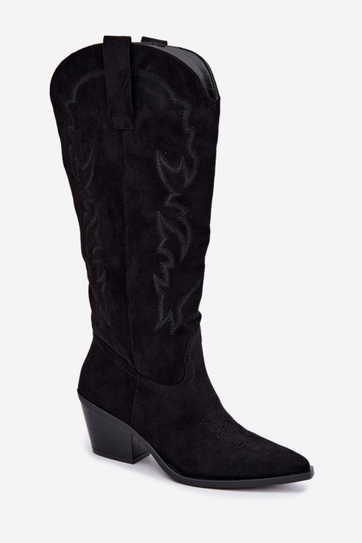bottes hautes pour femmes de style cowboy avec talons en simili daim noir Merise