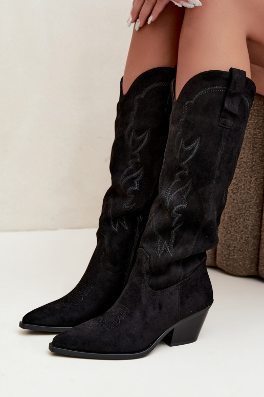 bottes hautes pour femmes de style cowboy avec talons en simili daim noir Merise