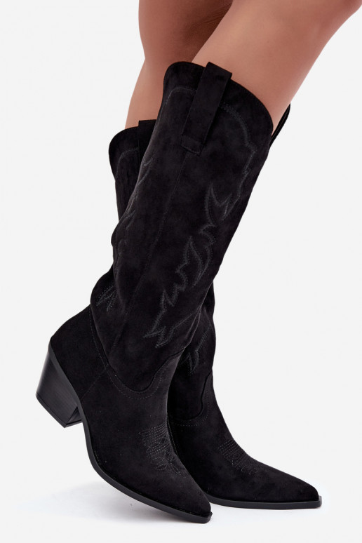 bottes hautes pour femmes de style cowboy avec talons en simili daim noir Merise