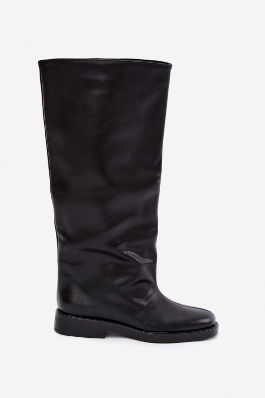 bottes hautes pour femmes avec talons larges et broderie décorative en noir Gresa