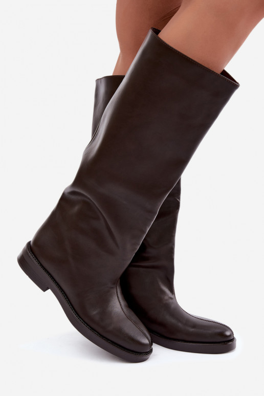 bottes hautes pour femmes avec talons larges et broderie décorative en chocolat Gresa