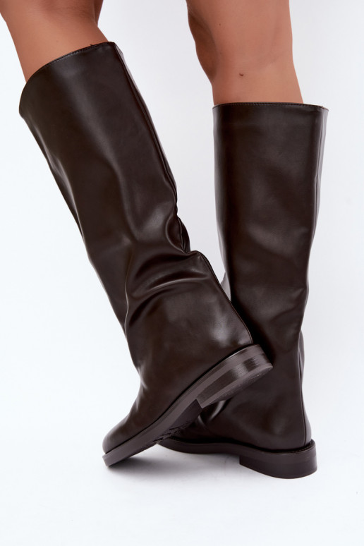 bottes hautes pour femmes avec talons larges et broderie décorative en chocolat Gresa