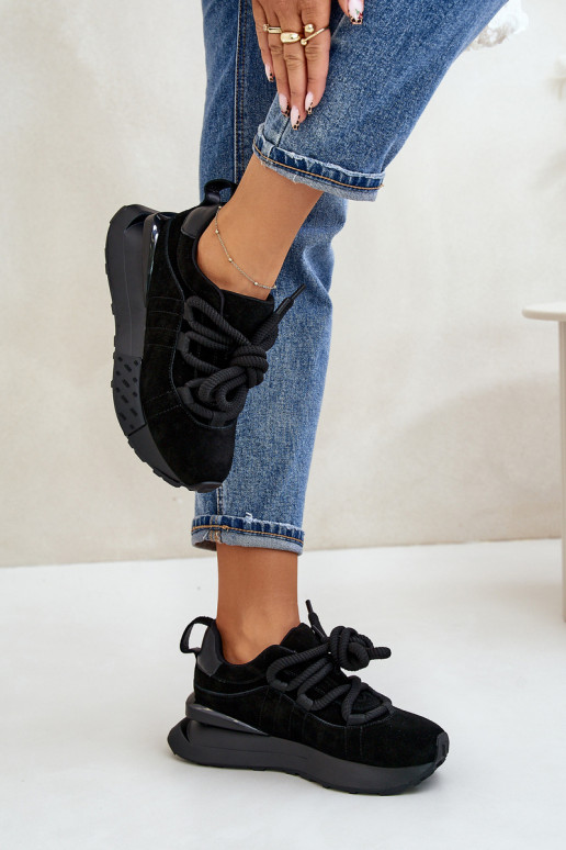 baskets en daim pour femmes avec plateforme et lacets robustes Artiker 54C1464 en noir