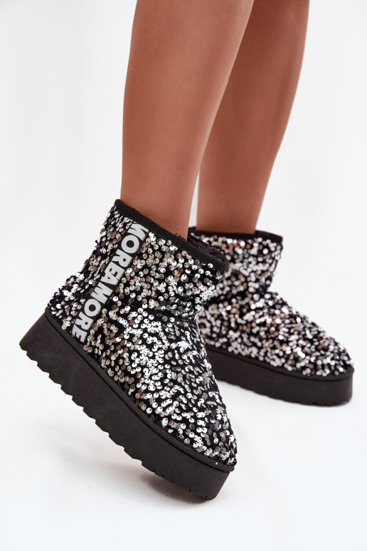 bottes de neige pour femmes avec plateforme, décorées de paillettes en noir et argent