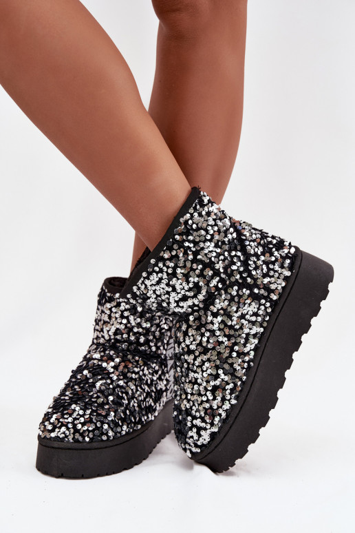 bottes de neige pour femmes avec plateforme, décorées de paillettes en noir et argent
