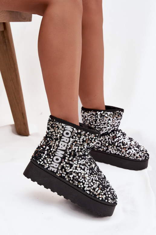 bottes de neige pour femmes avec plateforme, décorées de paillettes en noir et argent