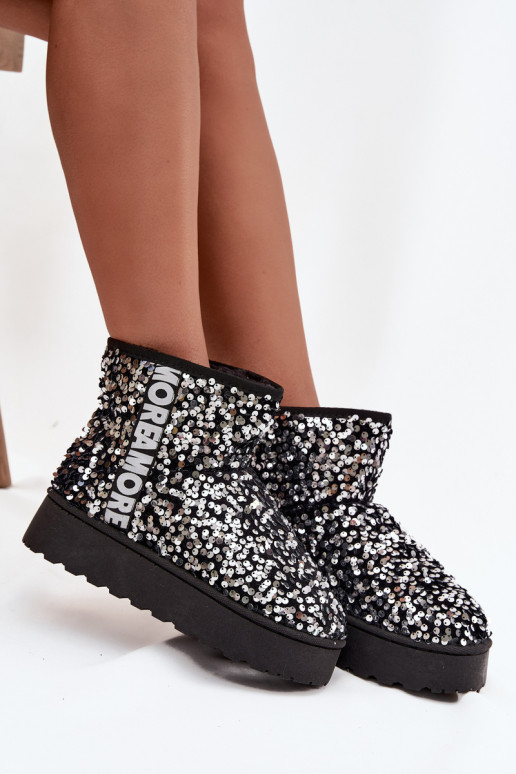 bottes de neige pour femmes avec plateforme, décorées de paillettes en noir et argent