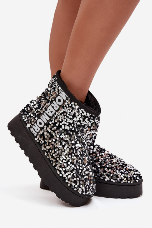 bottes de neige pour femmes avec plateforme, décorées de paillettes en noir et argent