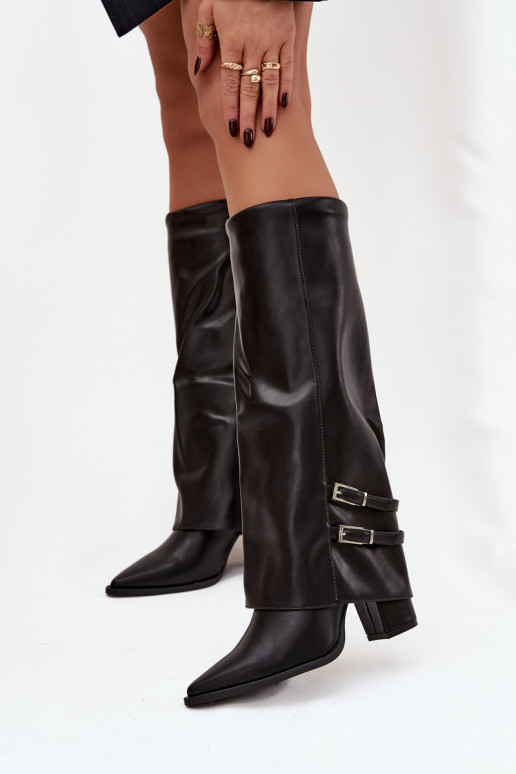 bottes hautes pour femmes avec talons et boucles Jessae en noir