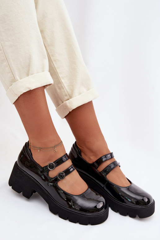Chaussures noires pour femmes avec effet verni, talons et sangles Kamira
