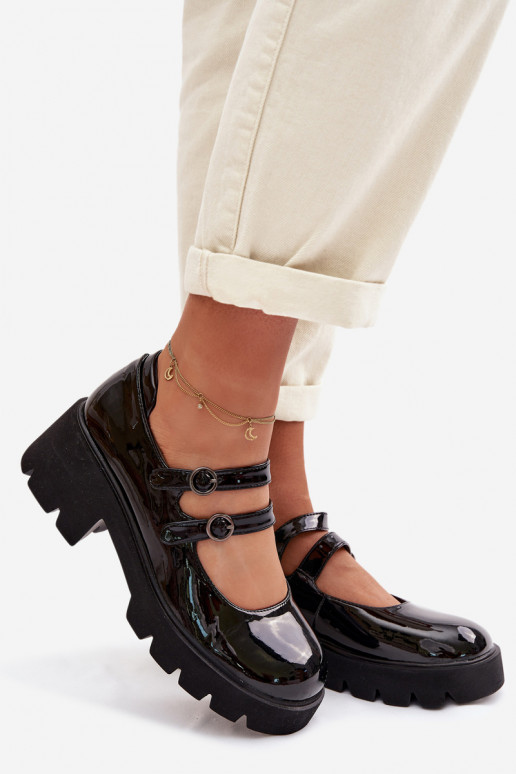 Chaussures noires pour femmes avec effet verni, talons et sangles Kamira