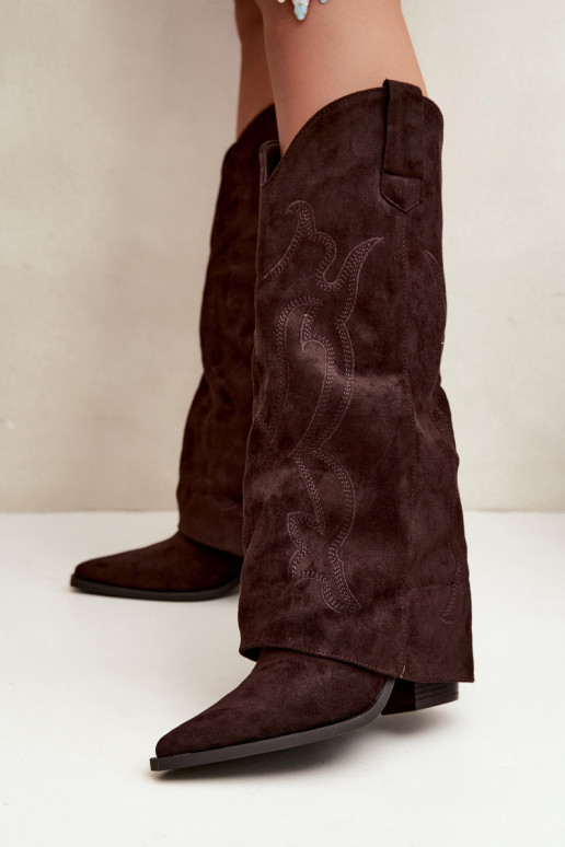 Bottes longues de style cowboy avec talons et tige cousue en couleur chocolat Irella