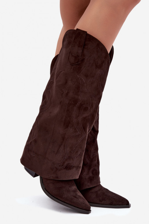 Bottes longues de style cowboy avec talons et tige cousue en couleur chocolat Irella