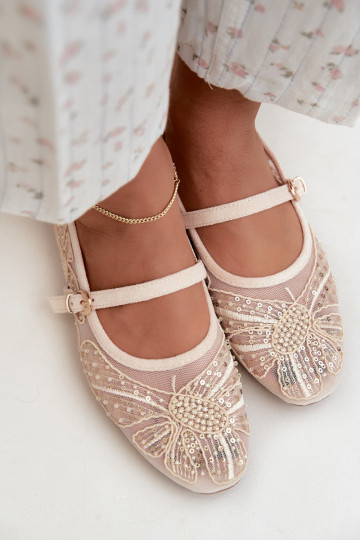 Ballerines en maille avec des fleurs brodées et des paillettes couleur sable Caletta