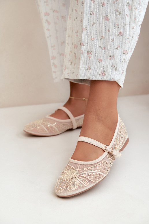 Ballerines en maille avec des fleurs brodées et des paillettes couleur sable Caletta