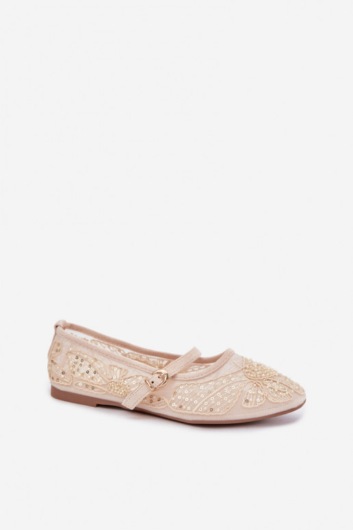 Ballerines en maille avec des fleurs brodées et des paillettes couleur sable Caletta