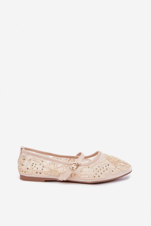 Ballerines en maille avec des fleurs brodées et des paillettes couleur sable Caletta