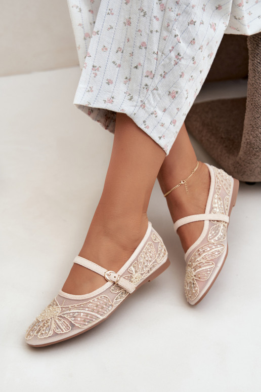 Ballerines en maille avec des fleurs brodées et des paillettes couleur sable Caletta