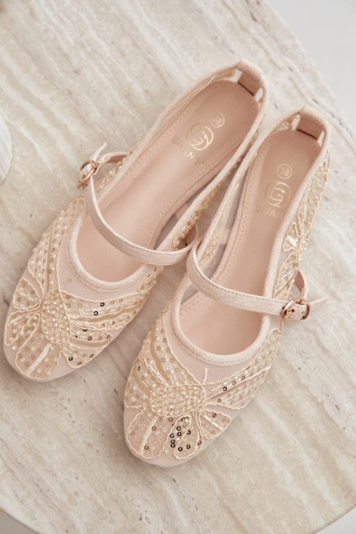 Ballerines en maille avec des fleurs brodées et des paillettes couleur sable Caletta