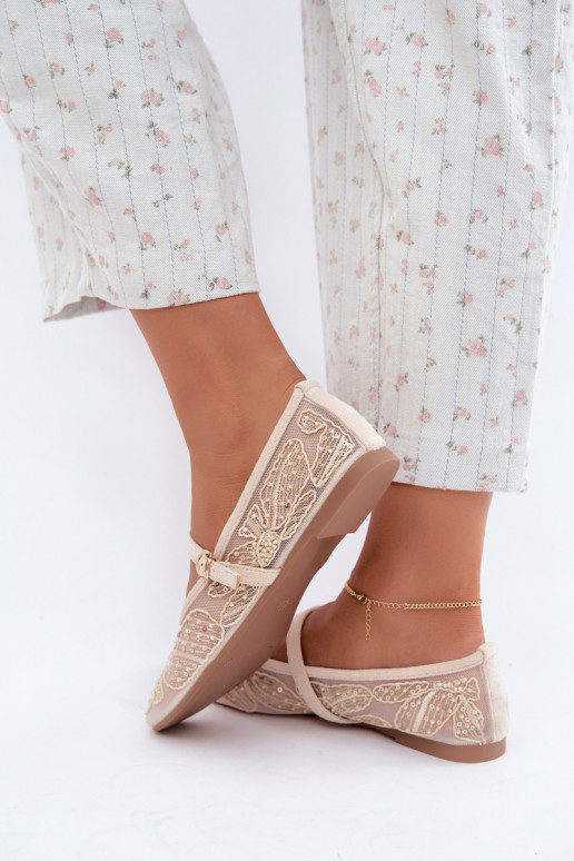 Ballerines en maille avec des fleurs brodées et des paillettes couleur sable Caletta