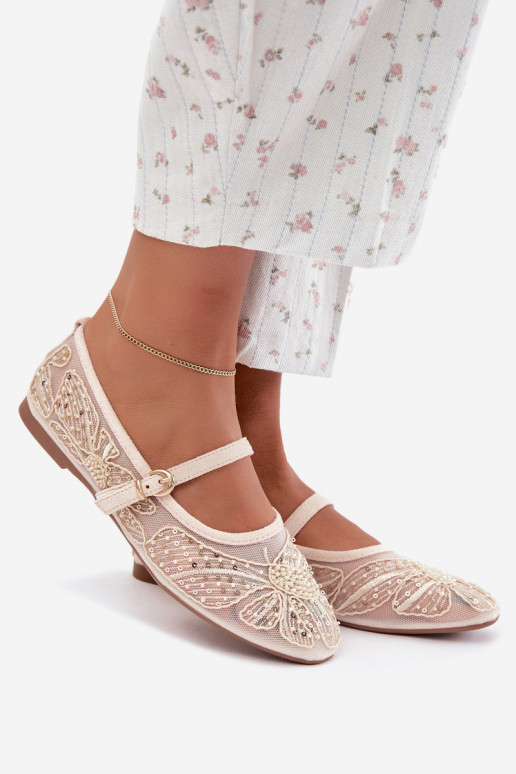 Ballerines en maille avec des fleurs brodées et des paillettes couleur sable Caletta