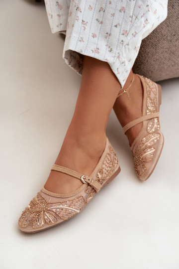 Ballerines en maille avec des fleurs brodées et des paillettes couleur sable Caletta