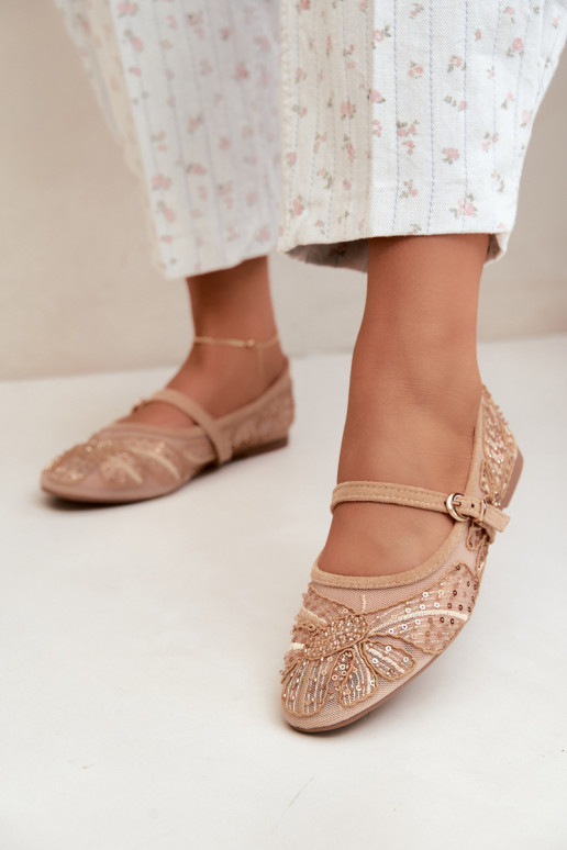 Ballerines en maille avec des fleurs brodées et des paillettes couleur sable Caletta