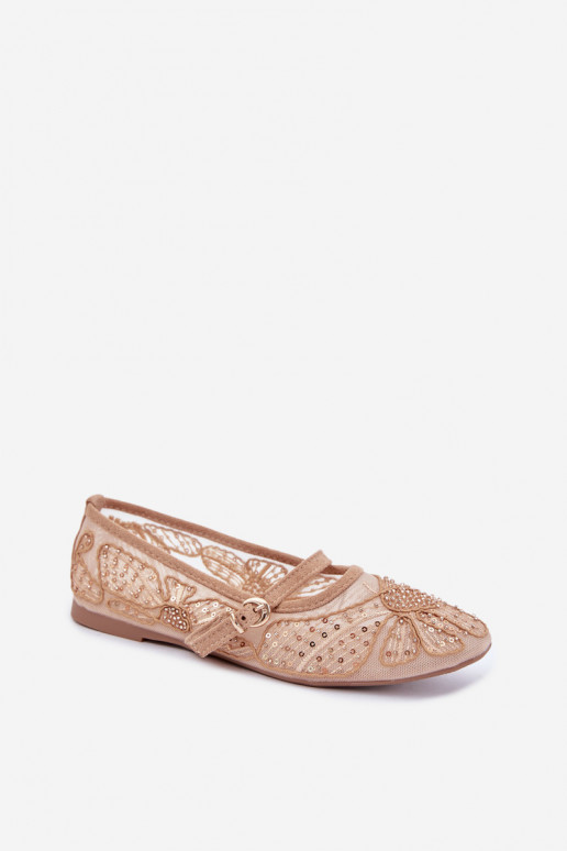 Ballerines en maille avec des fleurs brodées et des paillettes couleur sable Caletta