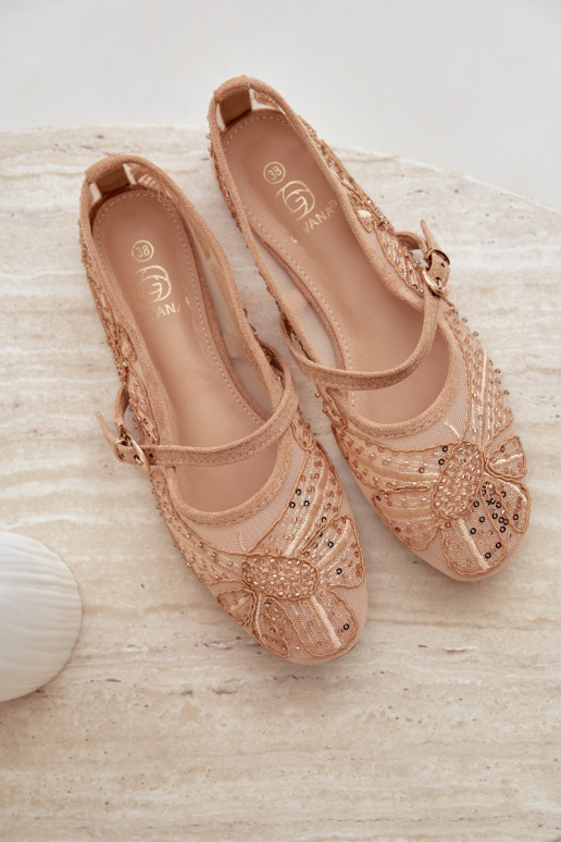 Ballerines en maille avec des fleurs brodées et des paillettes couleur sable Caletta