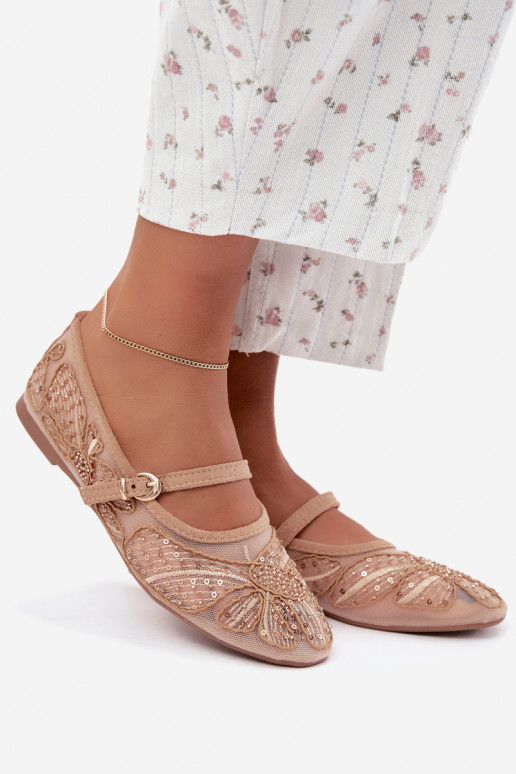 Ballerines en maille avec des fleurs brodées et des paillettes couleur sable Caletta