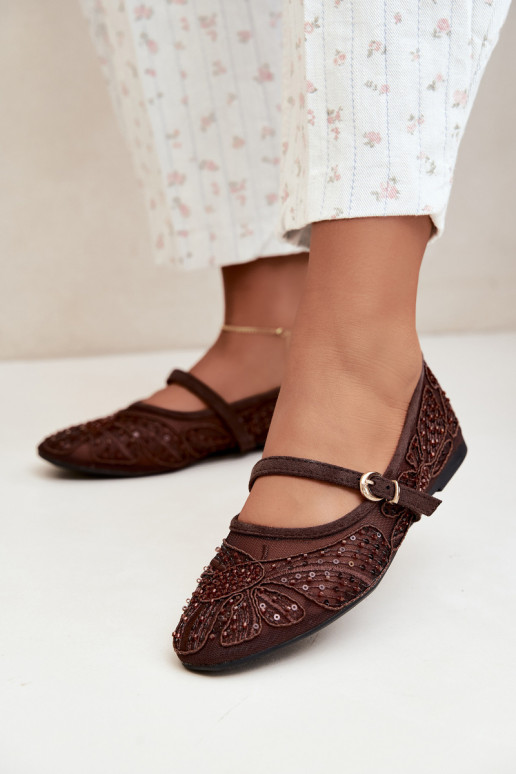 Ballerines en maille avec des fleurs brodées et des paillettes couleur chocolat Caletta