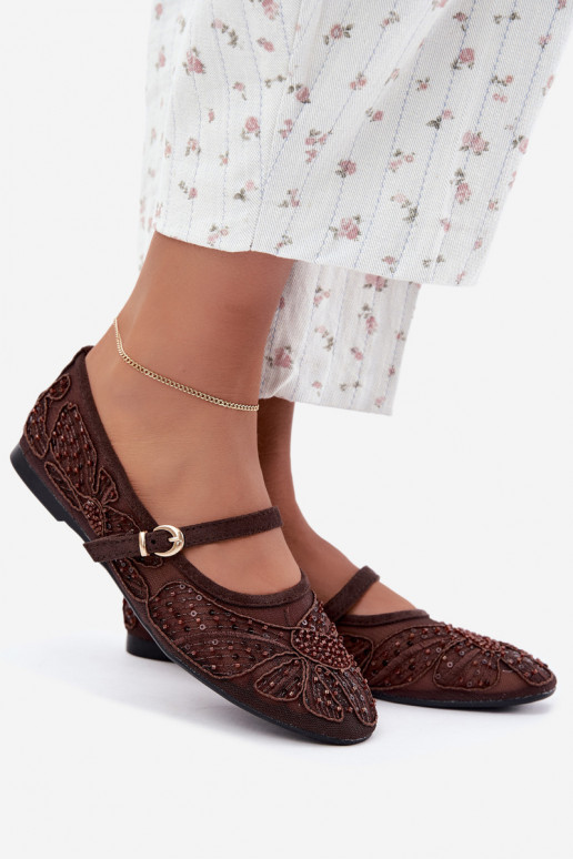Ballerines en maille avec des fleurs brodées et des paillettes couleur chocolat Caletta