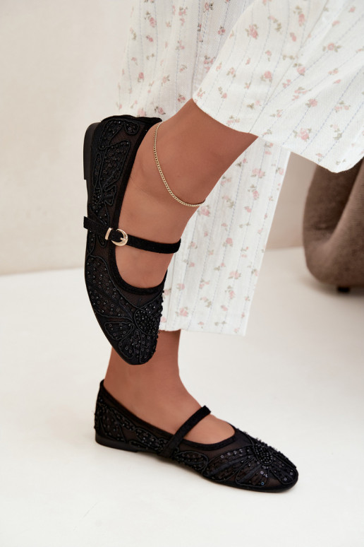 Ballerines en maille avec des fleurs brodées et des paillettes couleur noire Caletta