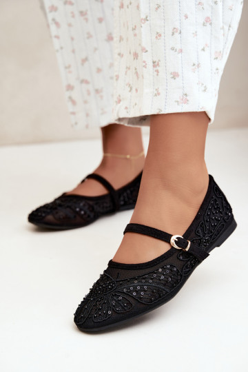 Ballerines en maille avec des fleurs brodées et des paillettes couleur noire Caletta 2
