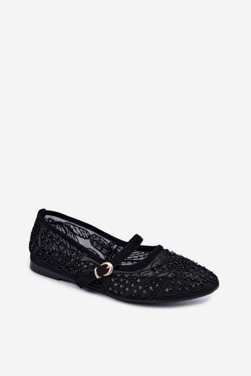 Ballerines en maille avec des fleurs brodées et des paillettes couleur noire Caletta